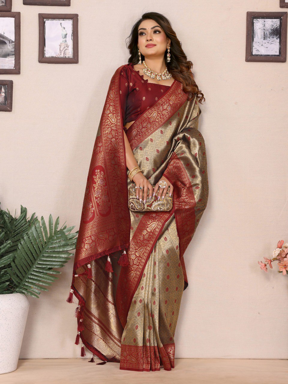 Anaita Beige Tissue Silk Saree With Weaving Zari Work
