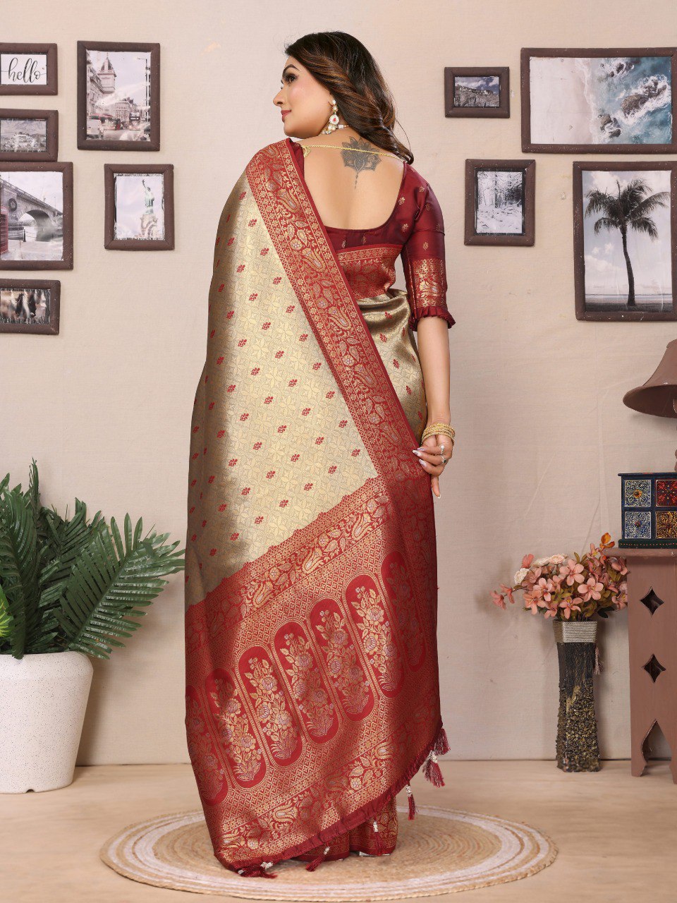 Anaita Beige Tissue Silk Saree With Weaving Zari Work