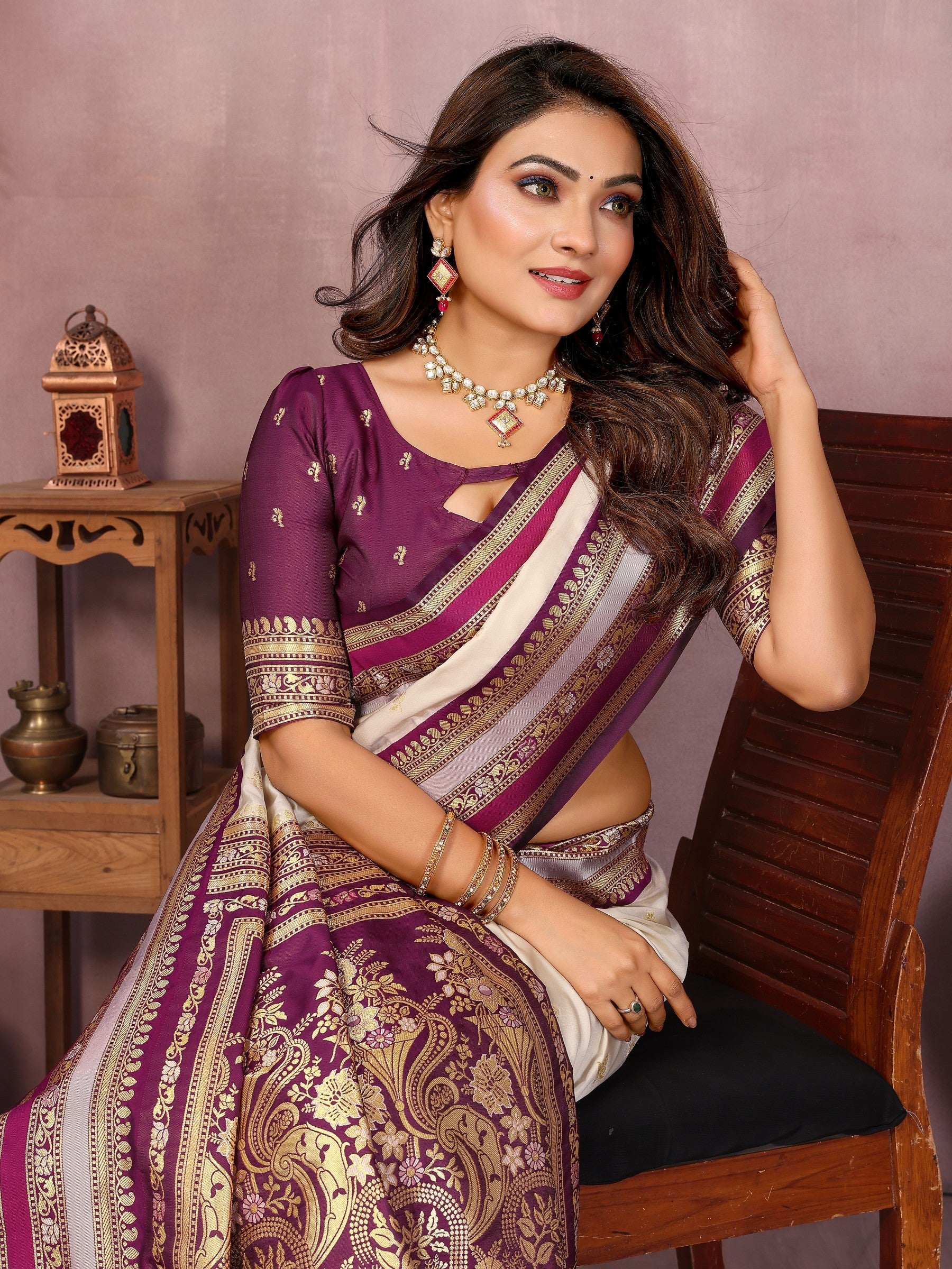 Anaita Beige Handloom Kalamkari Silk Saree With Zari Woven Work