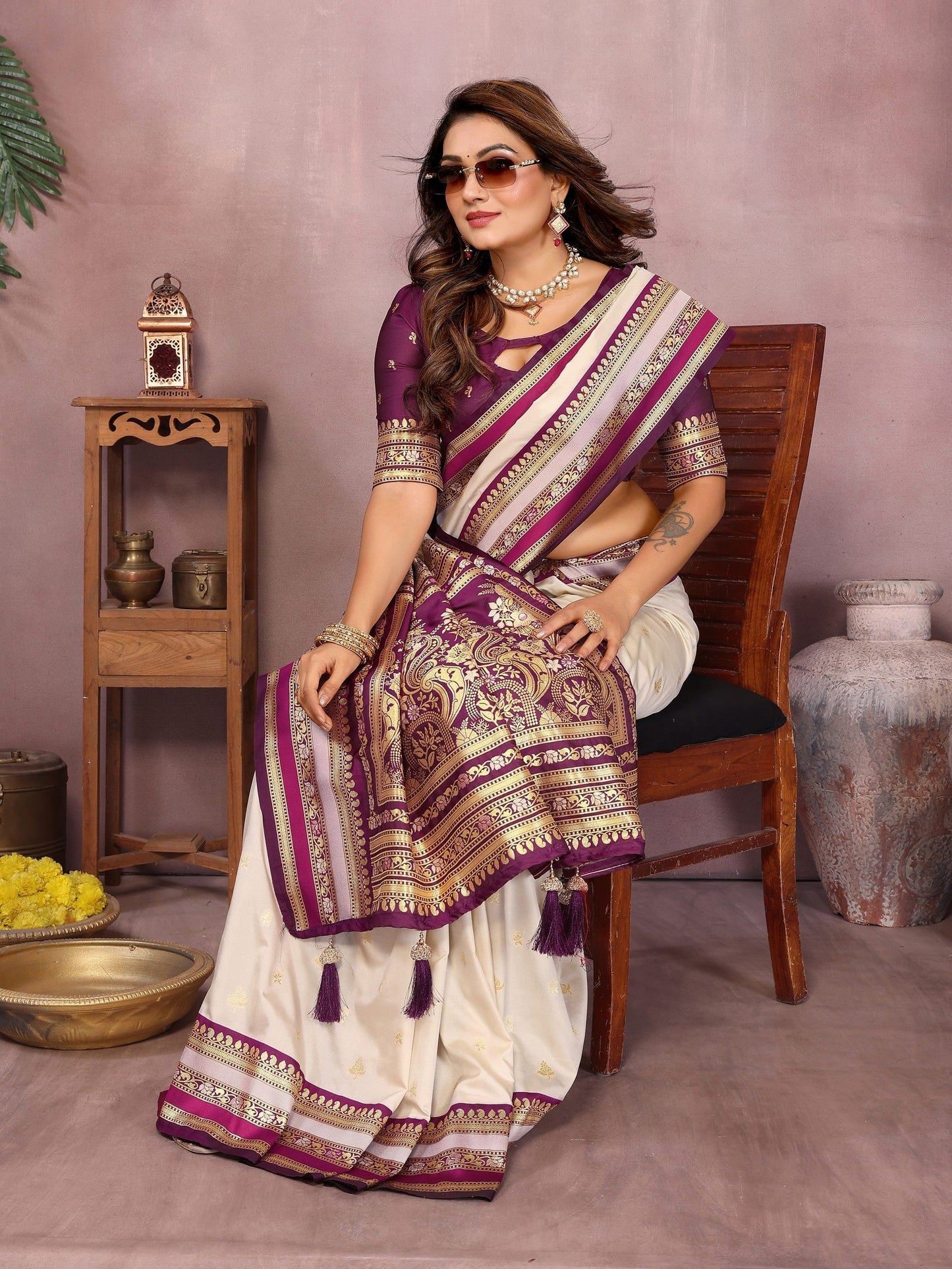 Anaita Beige Handloom Kalamkari Silk Saree With Zari Woven Work