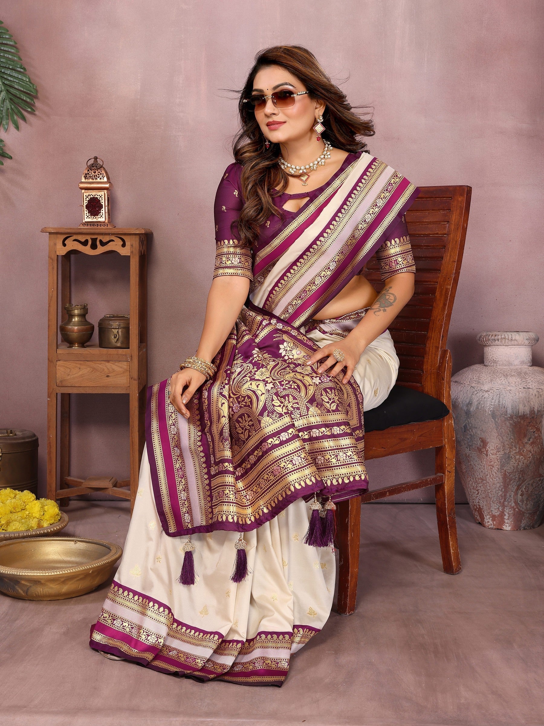 Anaita Beige Handloom Kalamkari Silk Saree With Zari Woven Work