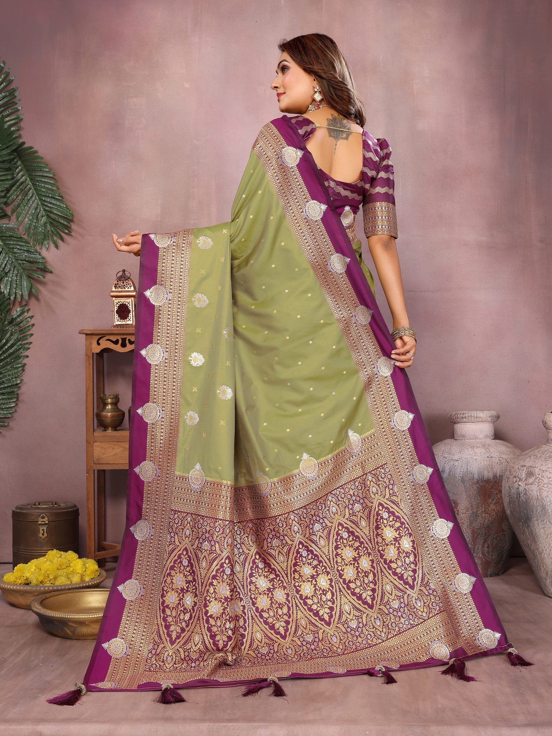 Anaita Olive Handloom Kalamkari Silk Saree With Zari Woven Work