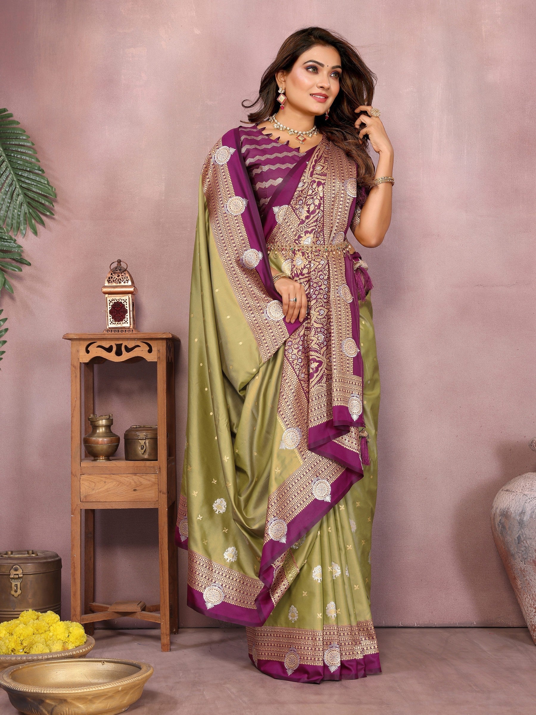 Anaita Olive Handloom Kalamkari Silk Saree With Zari Woven Work