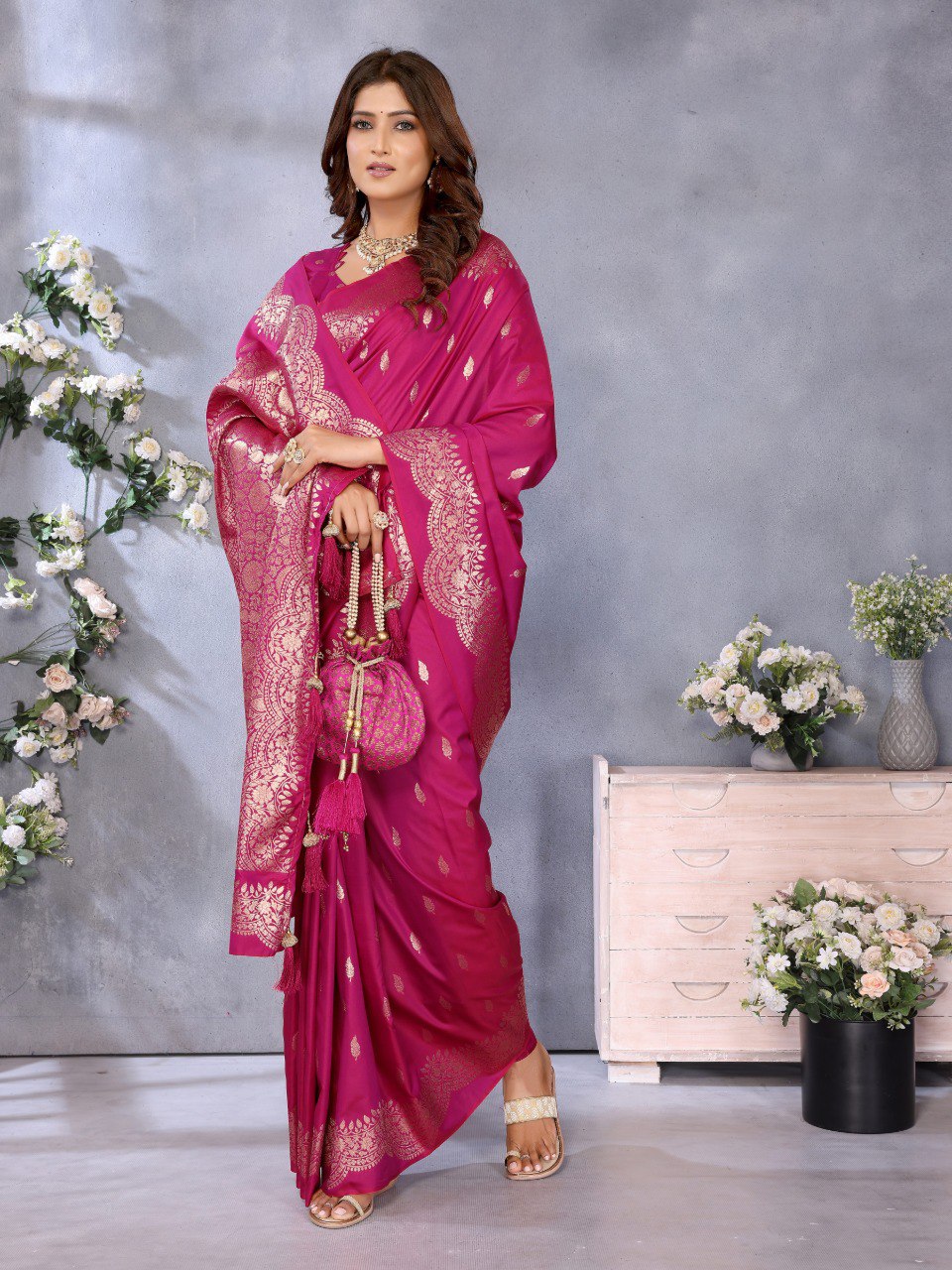 Anaita Pink Premium Banarasi Tissue Silk Saree With Gala Weaving Work