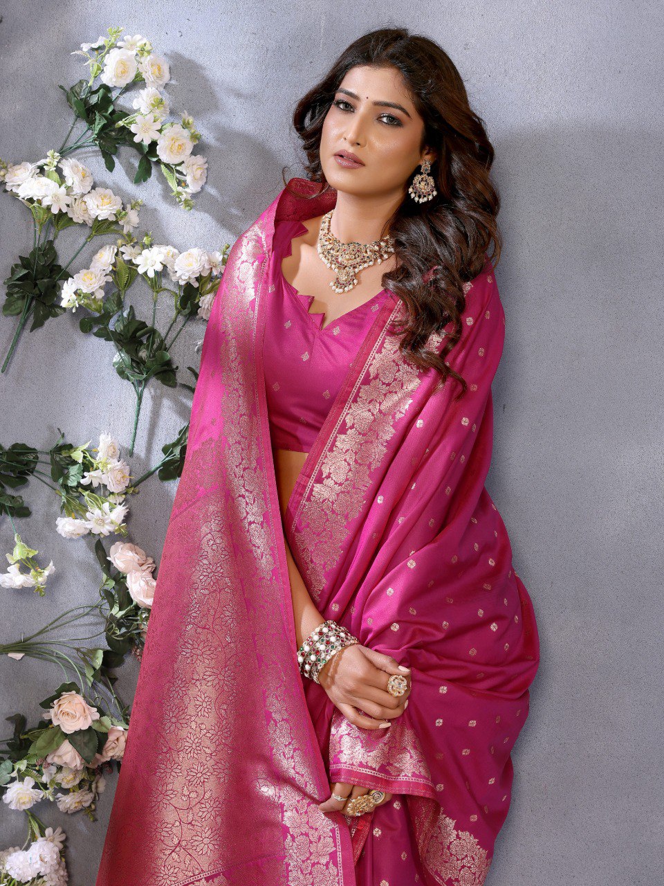 Anaita Magenta Premium Banarasi Tissue Silk Saree With Gala Weaving Work