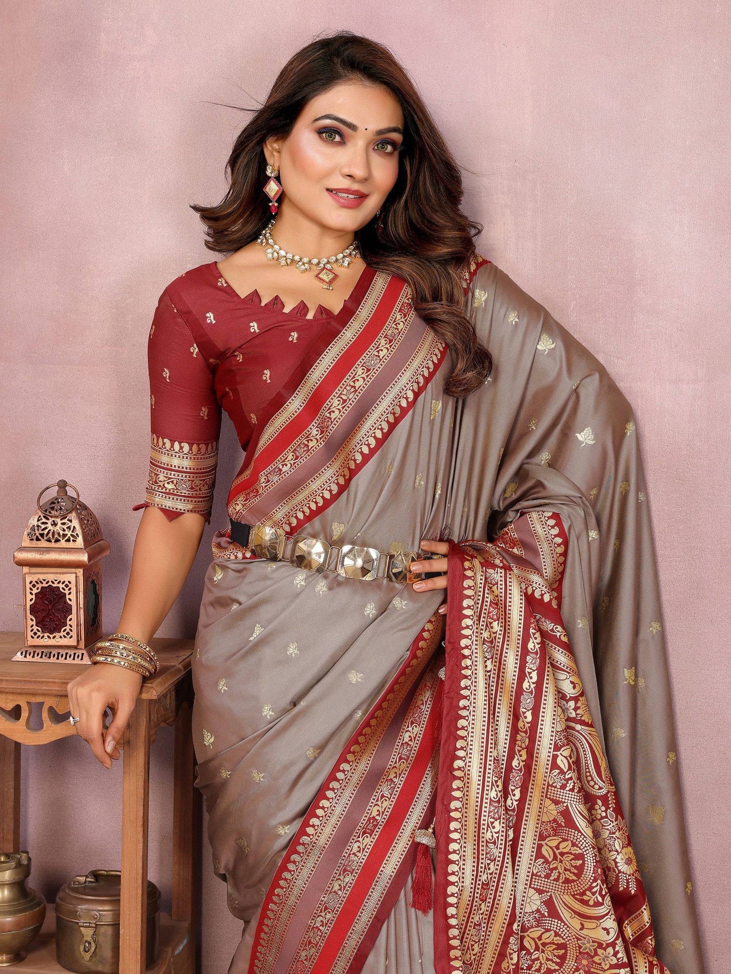 Anaita Grey Handloom Kalamkari Silk Saree With Zari Woven Work