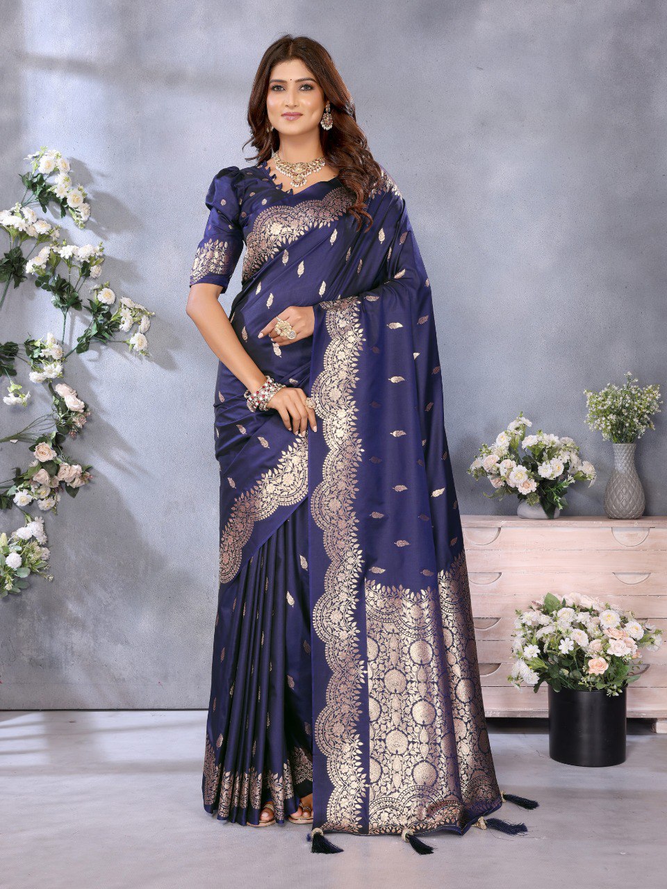 Anaita Violet Premium Banarasi Tissue Silk Saree With Gala Weaving Work