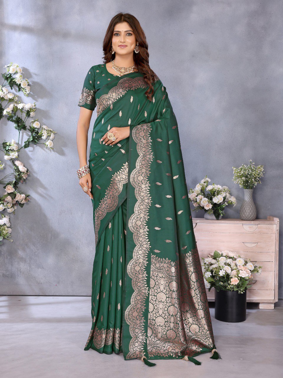 Anaita Dark Green Premium Banarasi Tissue Silk Saree With Gala Weaving Work