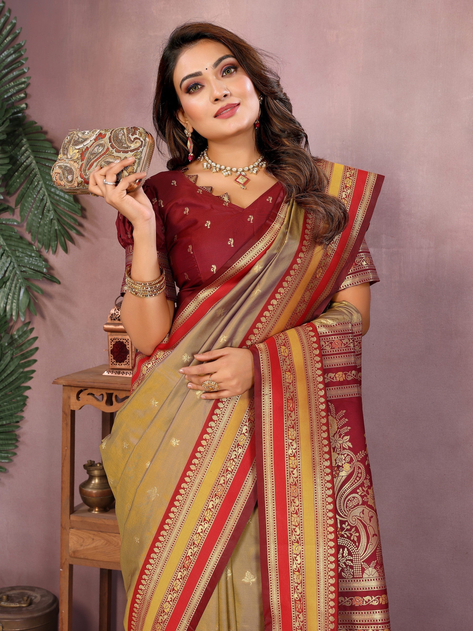 Anaita Gold Handloom Kalamkari Silk Saree With Zari Woven Work