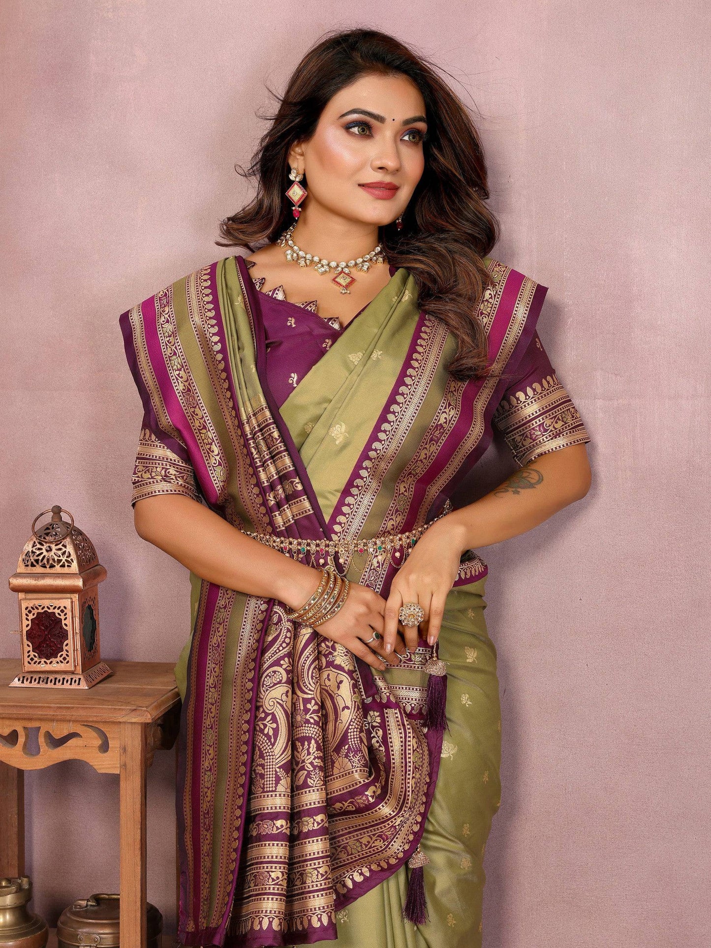 Anaita Green Handloom Kalamkari Silk Saree With Zari Woven Work