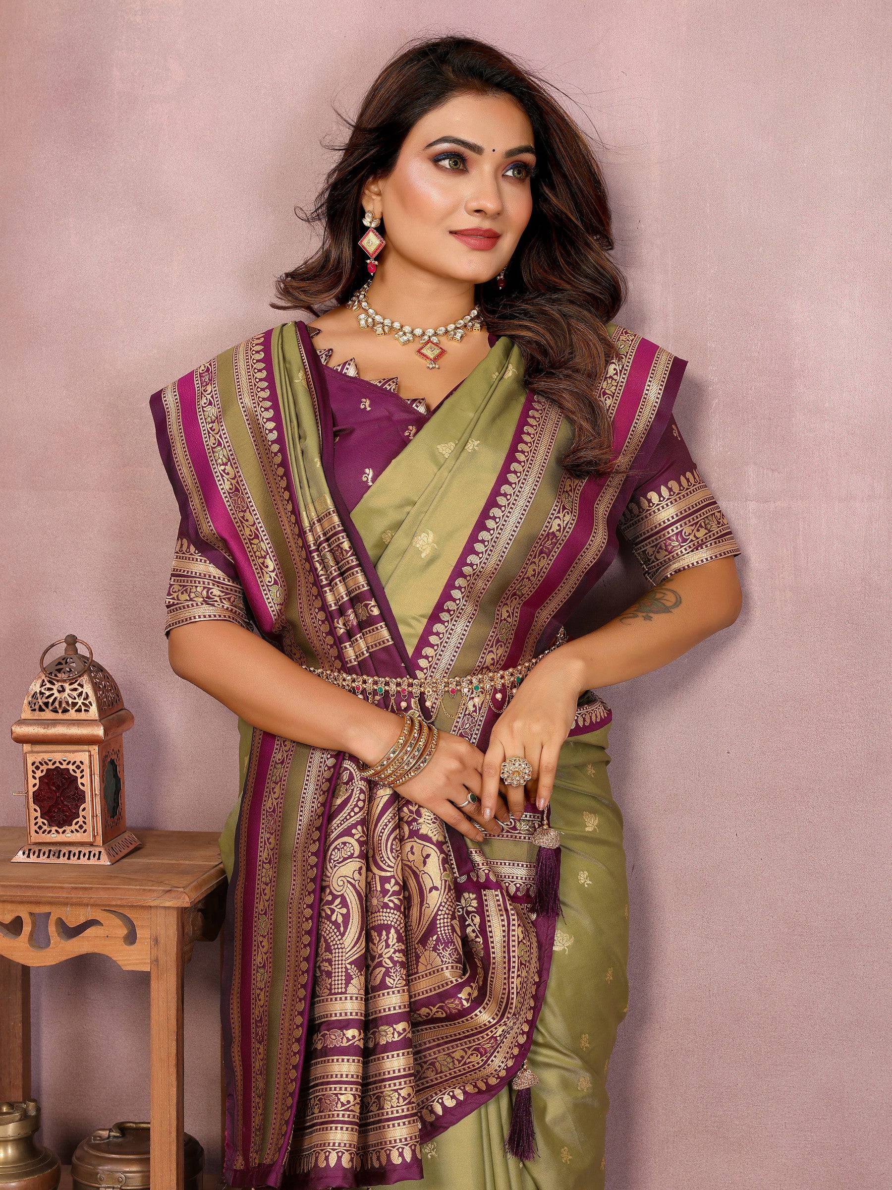 Anaita Green Handloom Kalamkari Silk Saree With Zari Woven Work