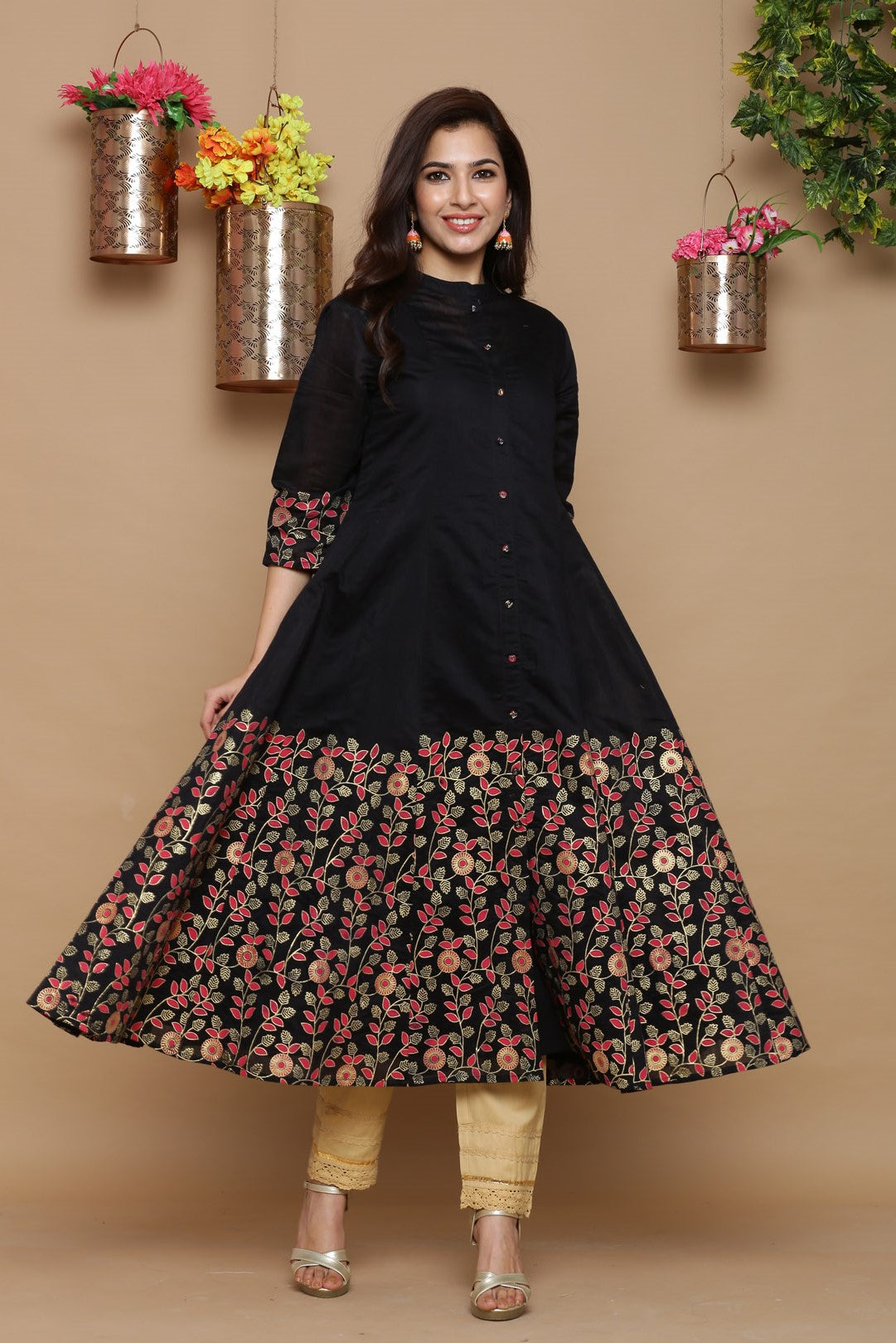 Juniper Women Black Chanderi Silk Printed Anarkali Kurta | Swadesiicart