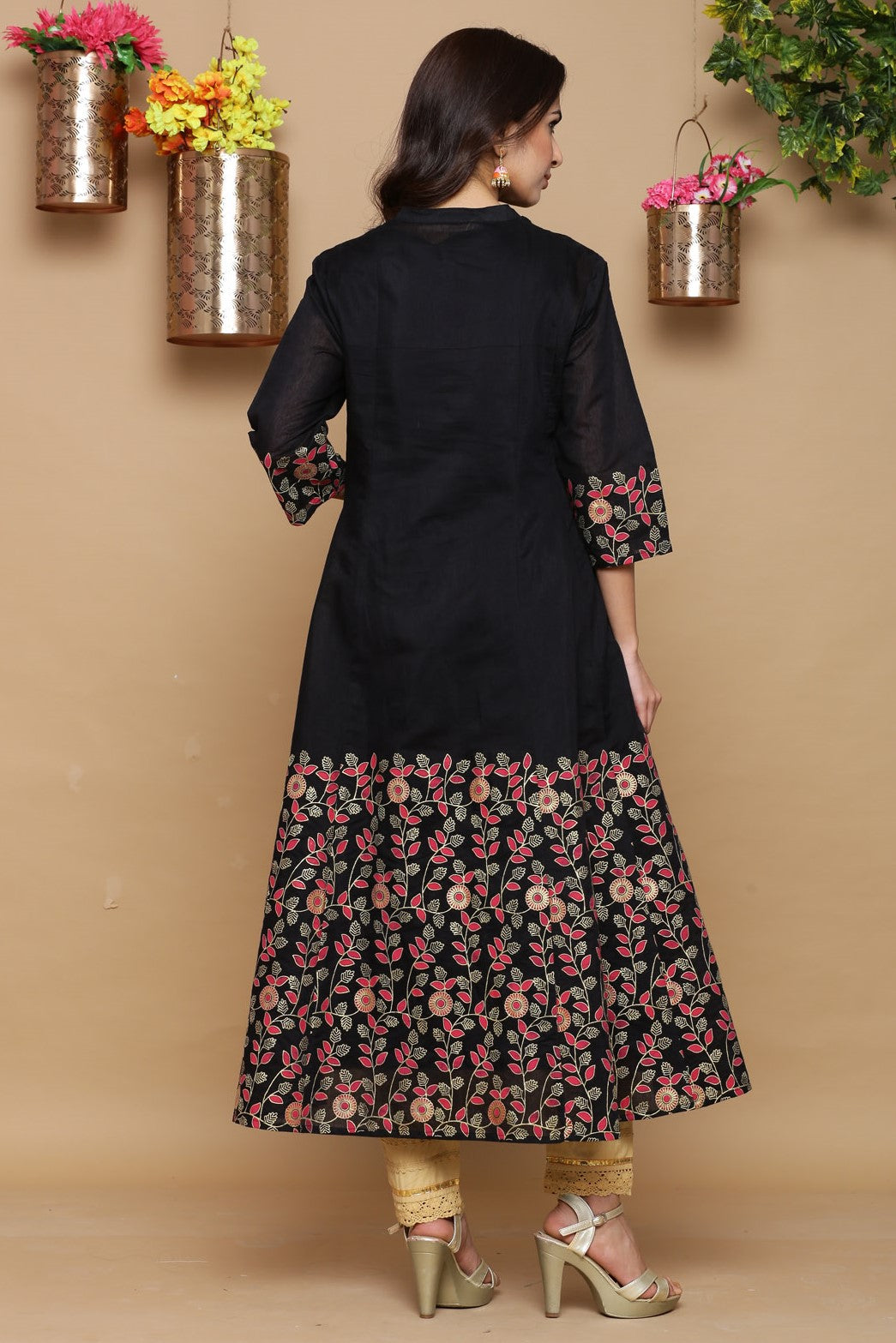 Juniper Women Black Chanderi Silk Printed Anarkali Kurta | Swadesiicart
