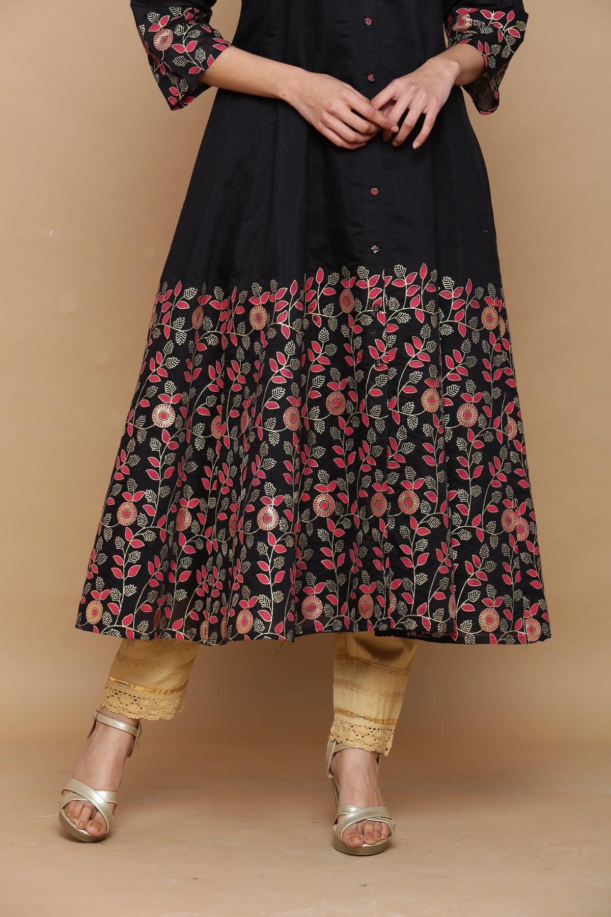 Juniper Women Black Chanderi Silk Printed Anarkali Kurta | Swadesiicart