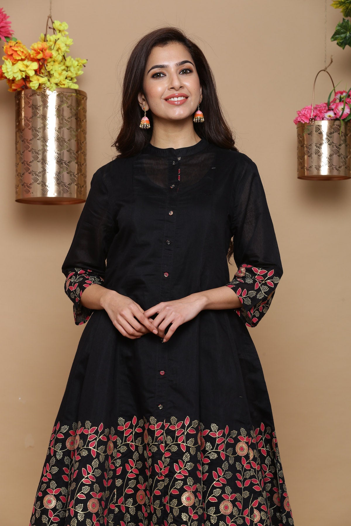 Juniper Women Black Chanderi Silk Printed Anarkali Kurta | Swadesiicart