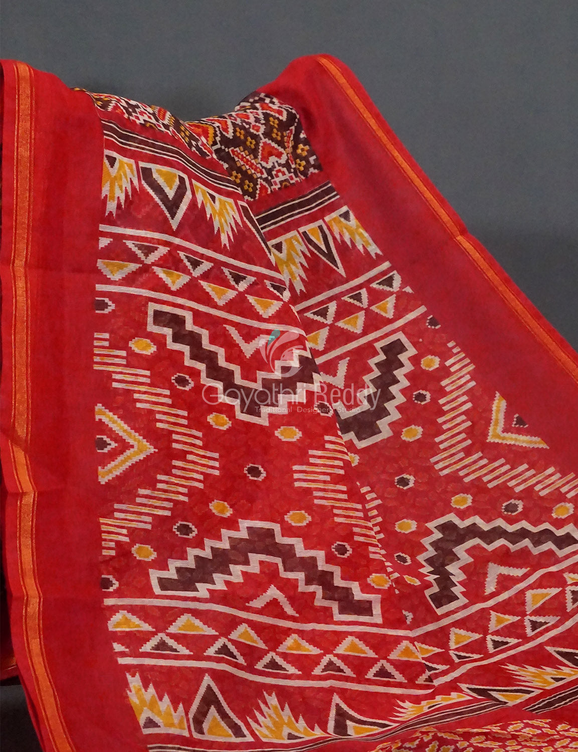 Brown And Red Coloured Patola Print Semi Chanderi Saree By Gayathri Reddy Designer Studio | Swadesiicart