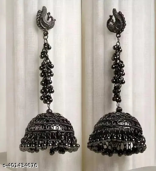 Tehzeeb Creations Women's Black Colour Oxidised Peacock Design Earrings | Swadesiicart