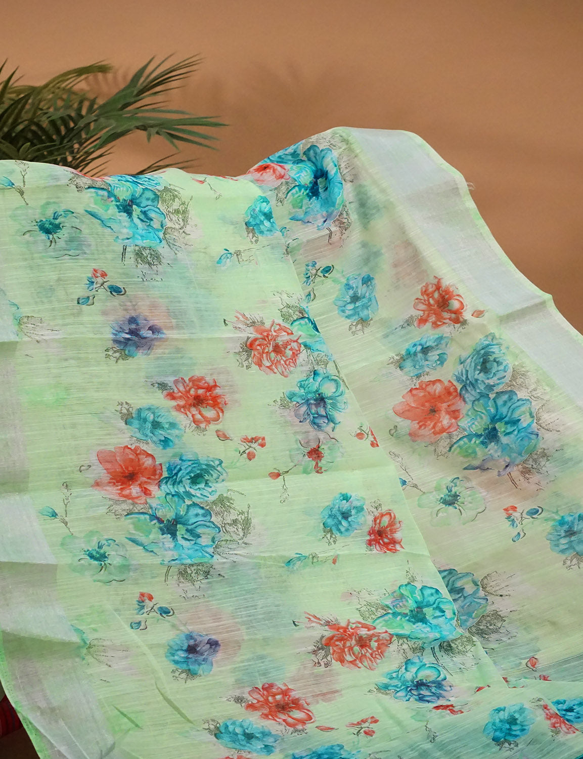 Pastel Green and Blue Digital Prin Semi Chanderi Saree By Gayathri Reddy Designer Studio | Swadesiicart