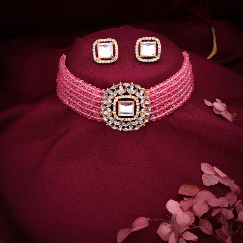 Tehzeeb Creations Brass Gold-Polished Gold, Pink, White Jewel Set - Swadesiicart
