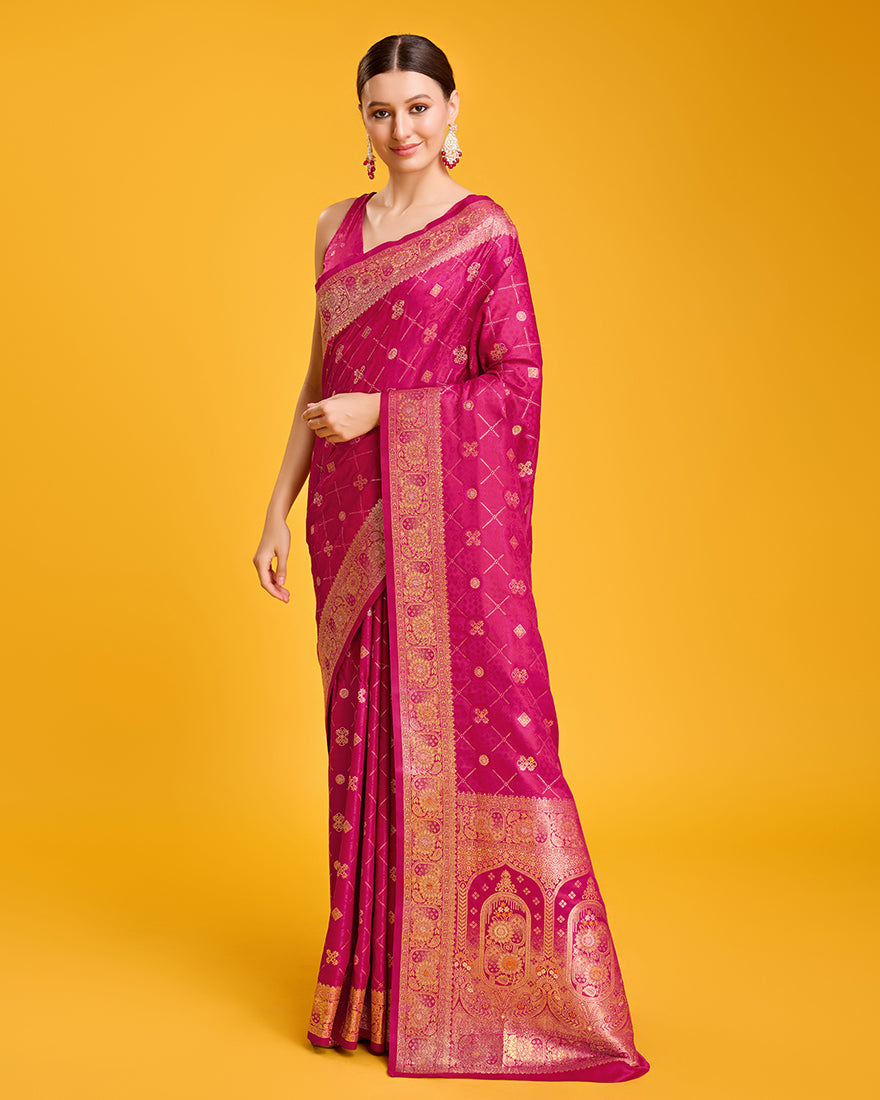 Monjolika Fashion Blushing Magenta Banarasi Satin Zari Woven Work Enhanced Elegance Silk Saree | Swadesiicart