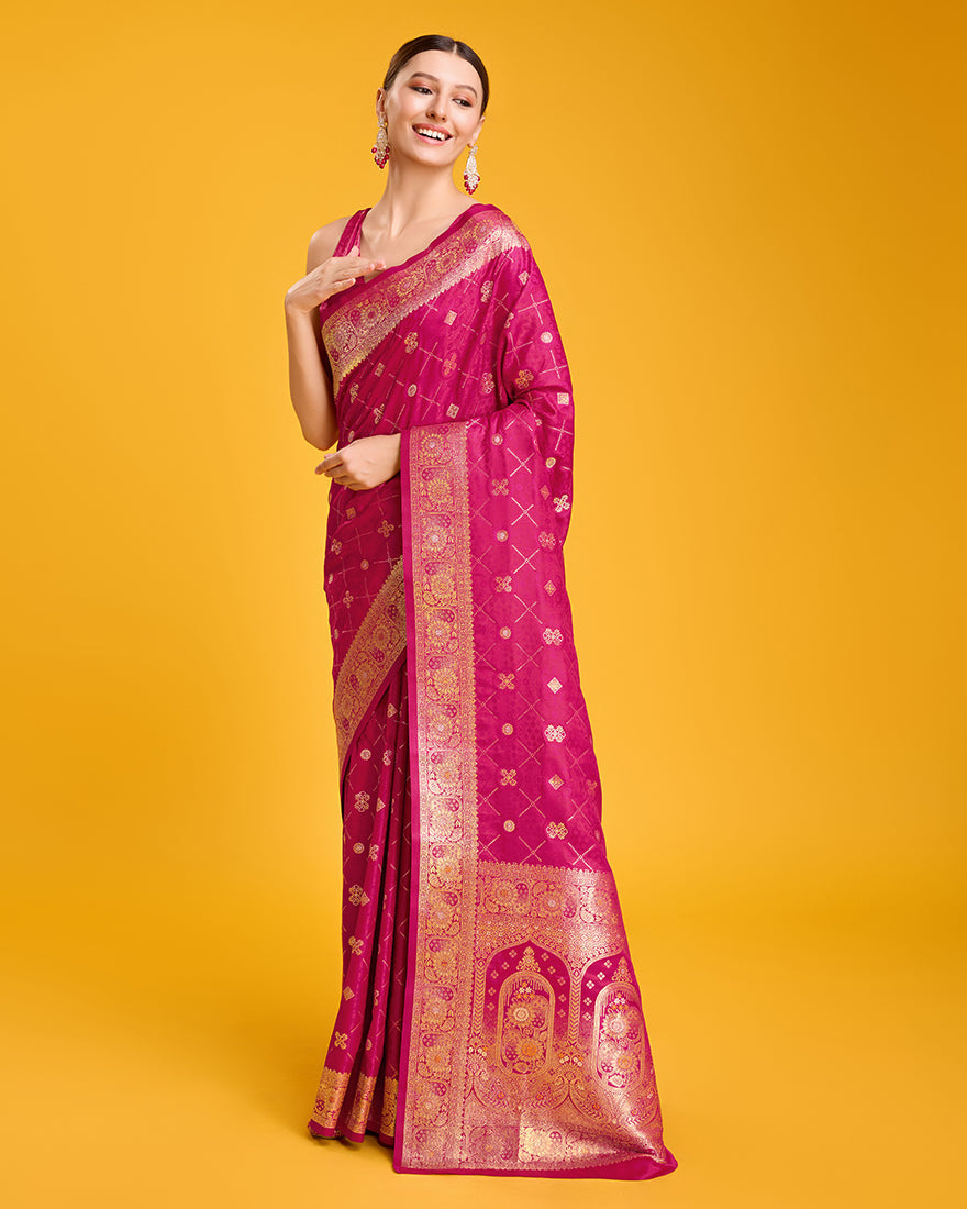Monjolika Fashion Blushing Magenta Banarasi Satin Zari Woven Work Enhanced Elegance Silk Saree | Swadesiicart