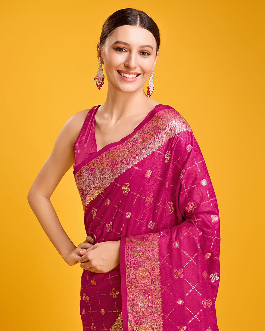 Monjolika Fashion Blushing Magenta Banarasi Satin Zari Woven Work Enhanced Elegance Silk Saree | Swadesiicart