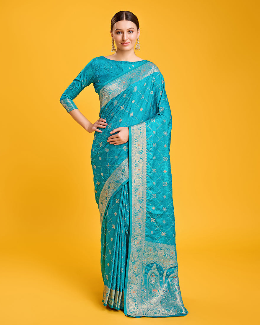 Monjolika Fashion Blushing Cyan Color Banarasi Satin Zari Woven Work Enhanced Elegance Silk Saree | Swadesiicart