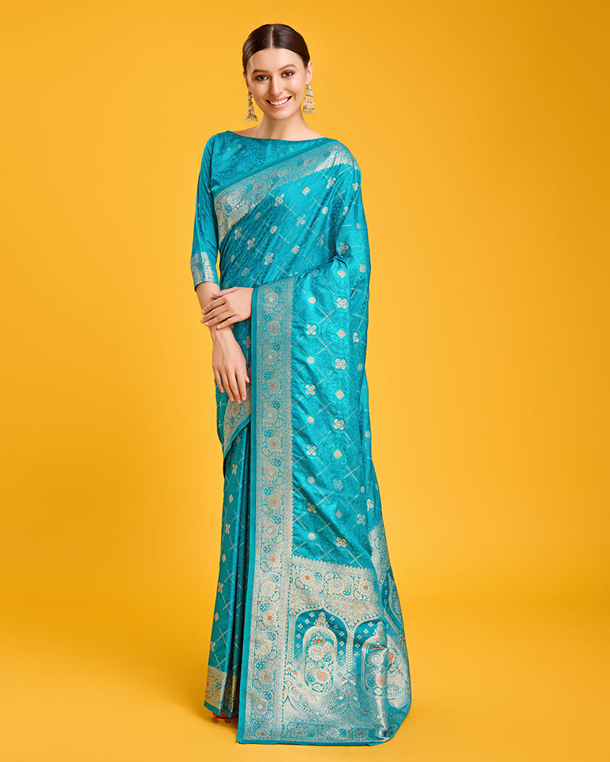 Monjolika Fashion Blushing Cyan Color Banarasi Satin Zari Woven Work Enhanced Elegance Silk Saree | Swadesiicart
