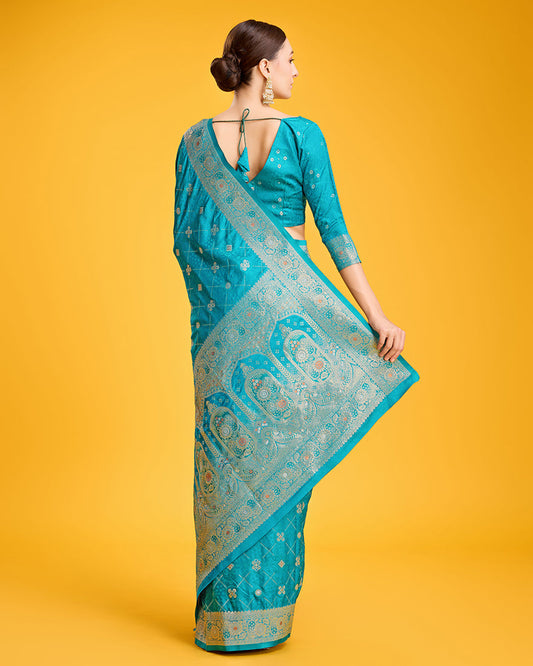 Monjolika Fashion Blushing Cyan Color Banarasi Satin Zari Woven Work Enhanced Elegance Silk Saree | Swadesiicart