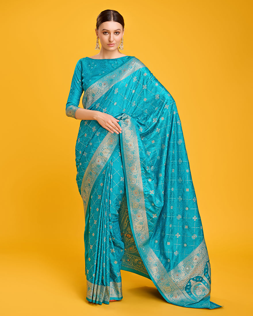 Monjolika Fashion Blushing Cyan Color Banarasi Satin Zari Woven Work Enhanced Elegance Silk Saree | Swadesiicart