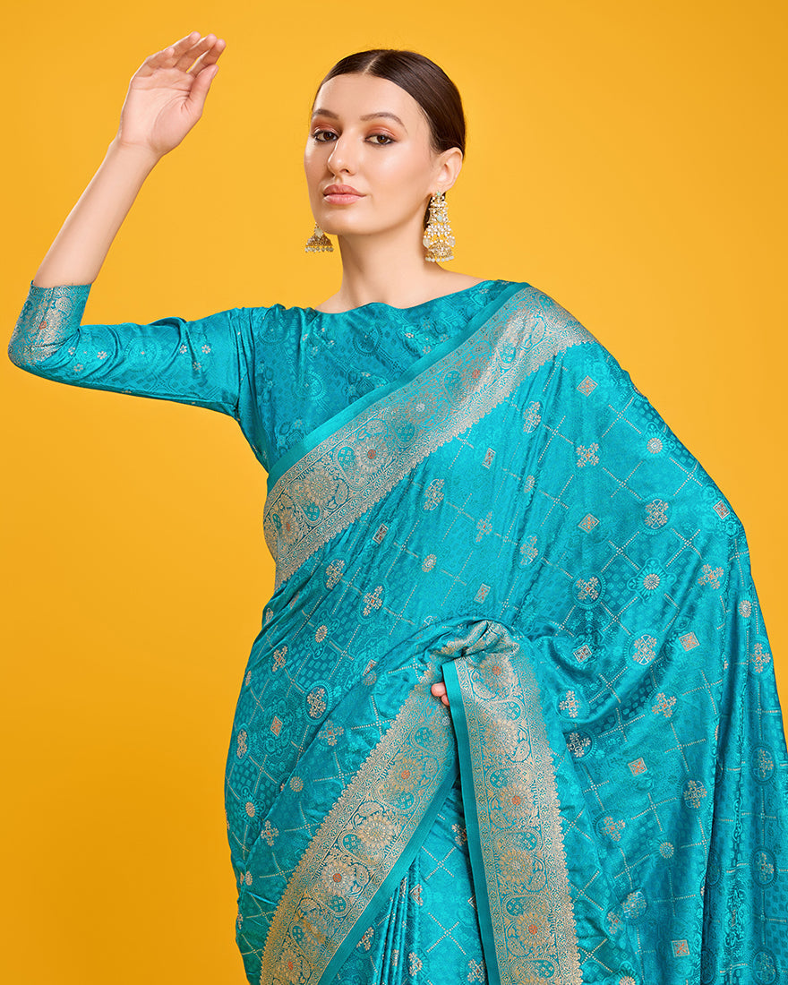 Monjolika Fashion Blushing Cyan Color Banarasi Satin Zari Woven Work Enhanced Elegance Silk Saree | Swadesiicart