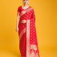 Monjolika Fashion Blushing Red Banarasi Satin Zari Woven Work Enhanced Elegance Silk Saree | Swadesiicart