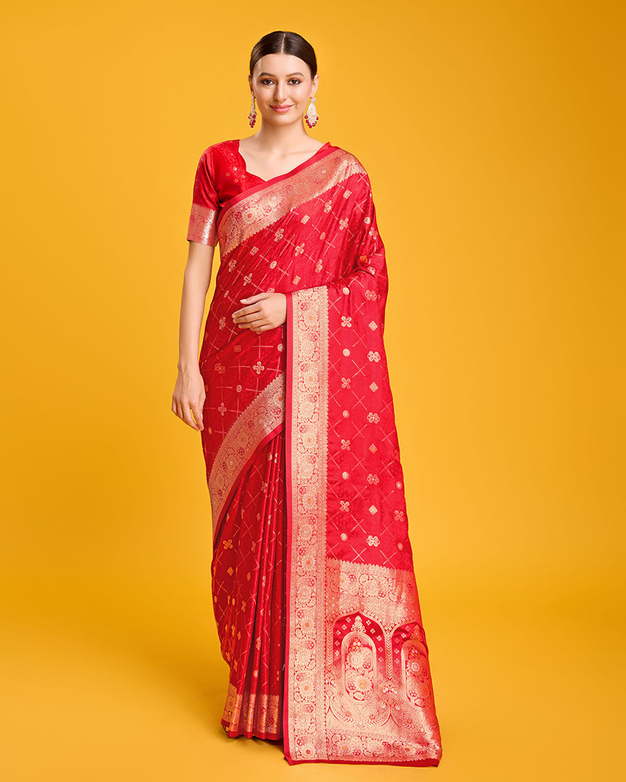Monjolika Fashion Blushing Red Banarasi Satin Zari Woven Work Enhanced Elegance Silk Saree | Swadesiicart