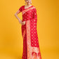 Monjolika Fashion Blushing Red Banarasi Satin Zari Woven Work Enhanced Elegance Silk Saree | Swadesiicart