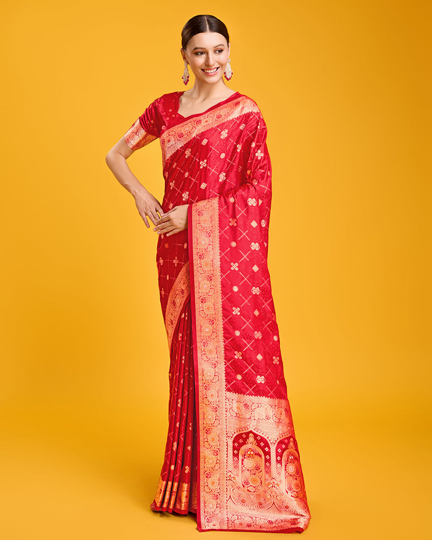 Monjolika Fashion Blushing Red Banarasi Satin Zari Woven Work Enhanced Elegance Silk Saree | Swadesiicart