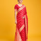 Monjolika Fashion Blushing Red Banarasi Satin Zari Woven Work Enhanced Elegance Silk Saree | Swadesiicart