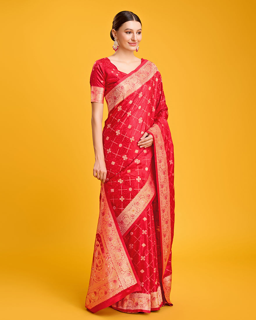 Monjolika Fashion Blushing Red Banarasi Satin Zari Woven Work Enhanced Elegance Silk Saree | Swadesiicart