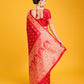 Monjolika Fashion Blushing Red Banarasi Satin Zari Woven Work Enhanced Elegance Silk Saree | Swadesiicart