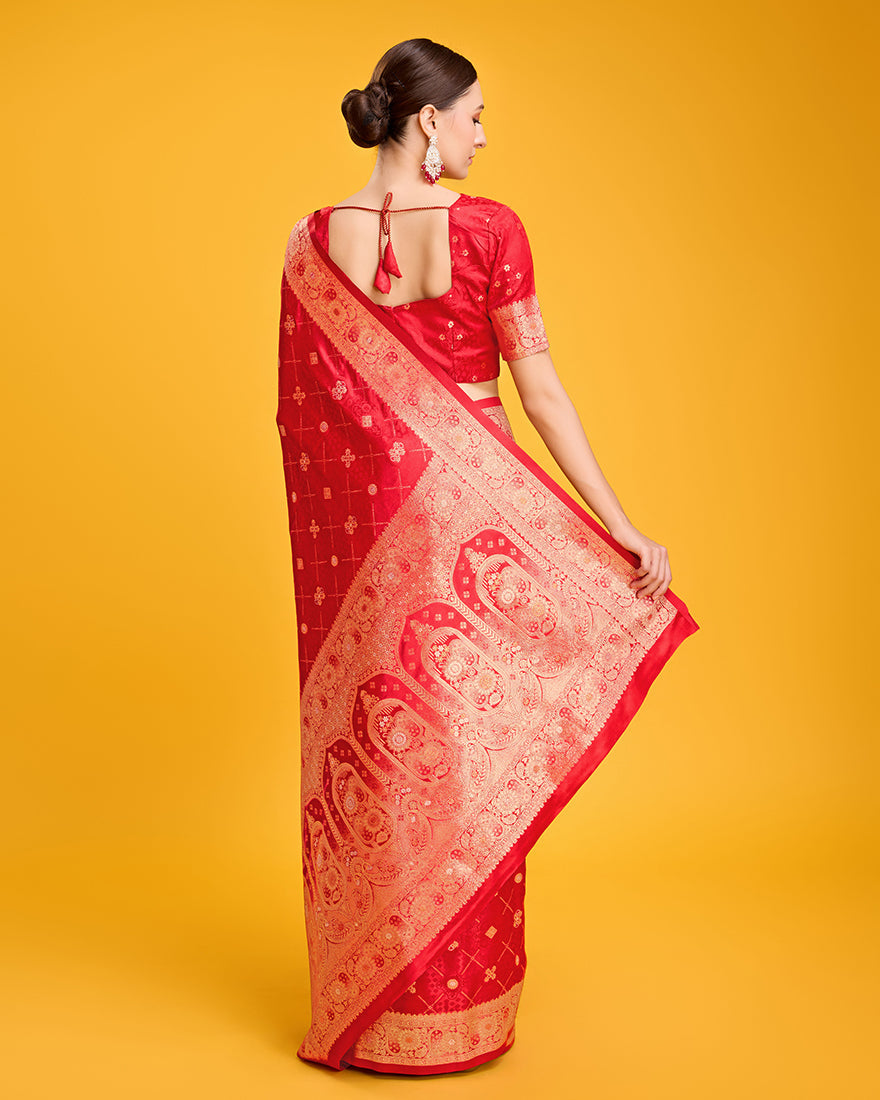 Monjolika Fashion Blushing Red Banarasi Satin Zari Woven Work Enhanced Elegance Silk Saree | Swadesiicart