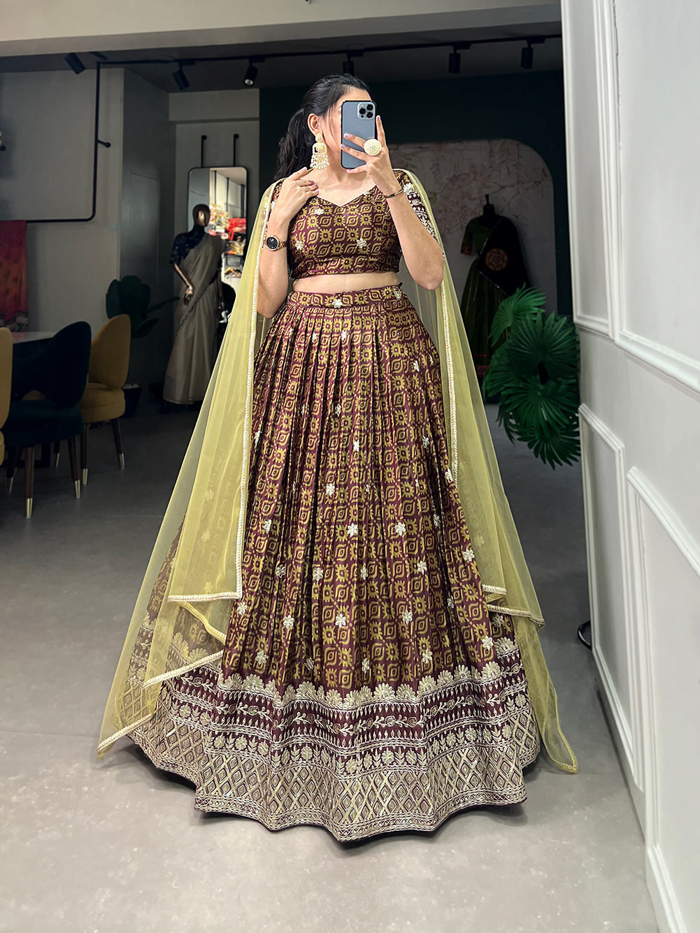 Lorenvalley Brown Chinon Digital Print with Embroidery Sequins Work Lehenga Choli with Dupatta | Swadesiicart