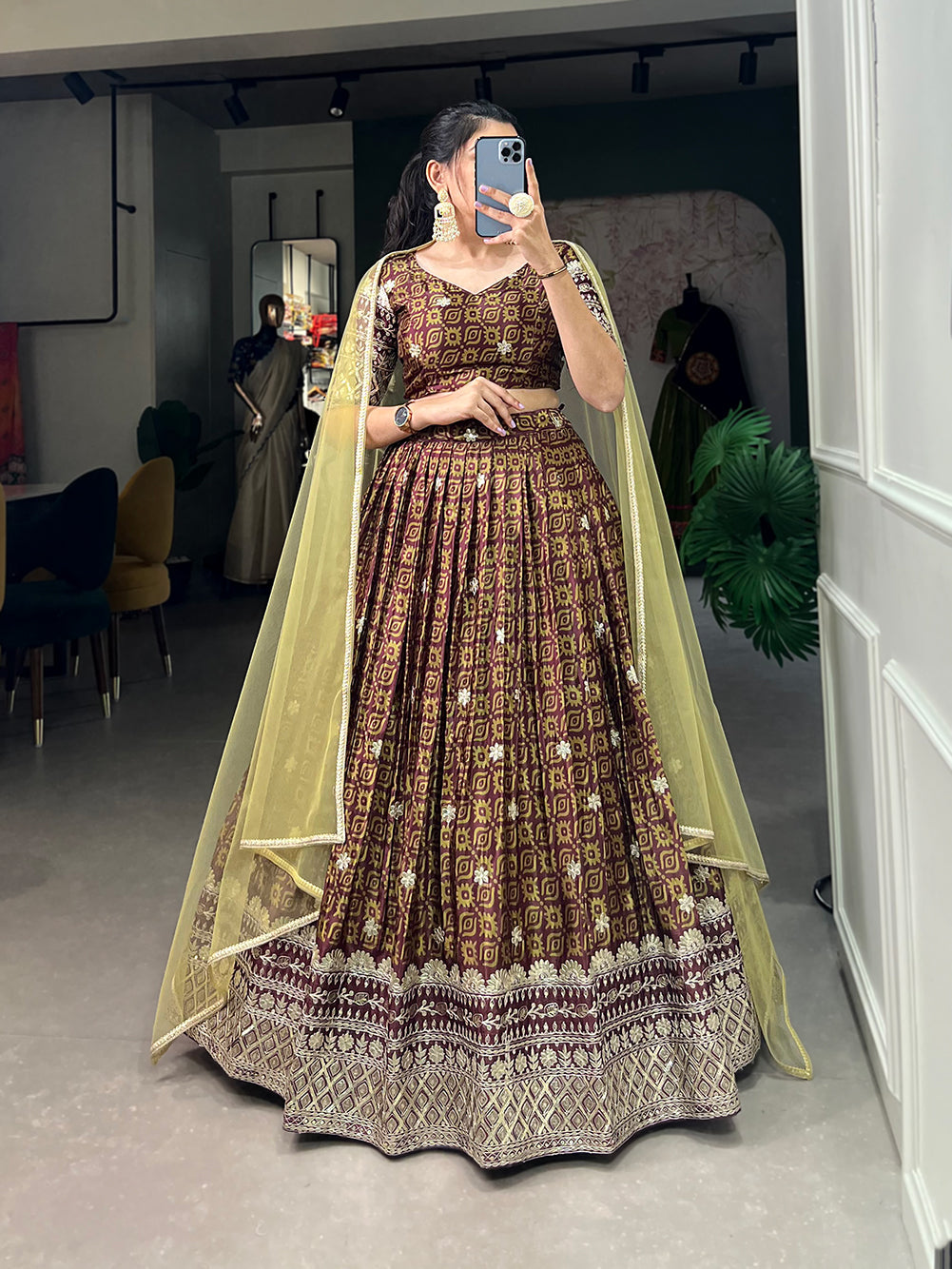 Lorenvalley Brown Chinon Digital Print with Embroidery Sequins Work Lehenga Choli with Dupatta | Swadesiicart