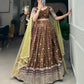 Lorenvalley Brown Chinon Digital Print with Embroidery Sequins Work Lehenga Choli with Dupatta | Swadesiicart