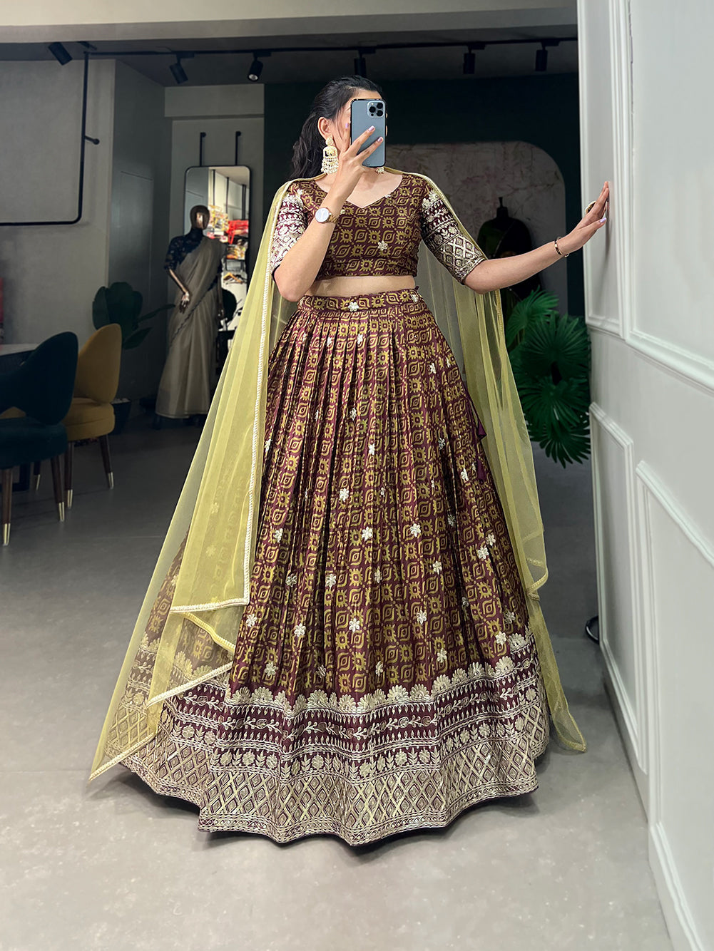 Lorenvalley Brown Chinon Digital Print with Embroidery Sequins Work Lehenga Choli with Dupatta | Swadesiicart
