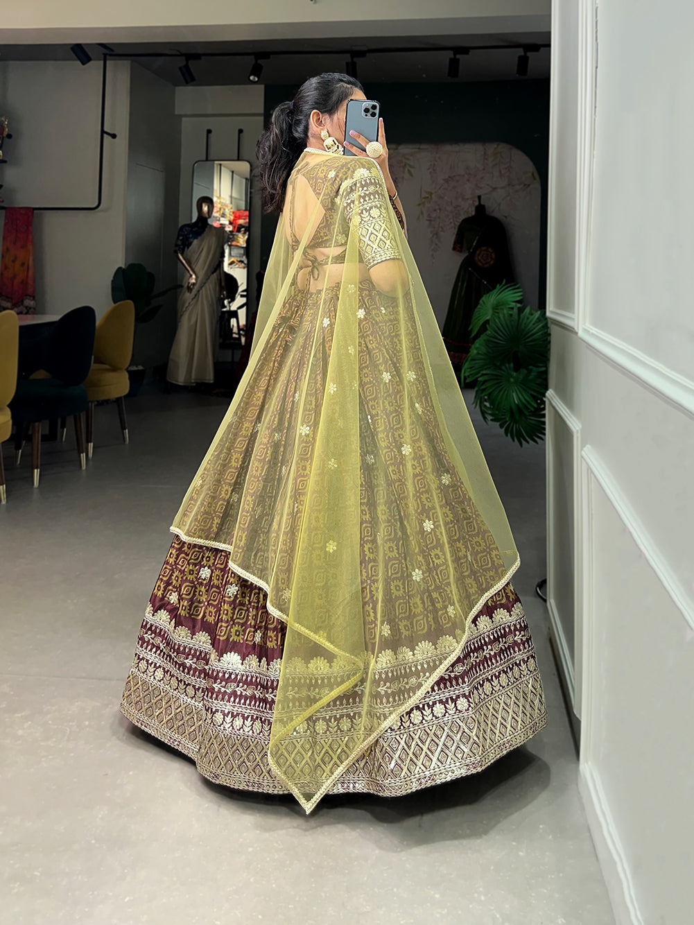 Lorenvalley Brown Chinon Digital Print with Embroidery Sequins Work Lehenga Choli with Dupatta | Swadesiicart