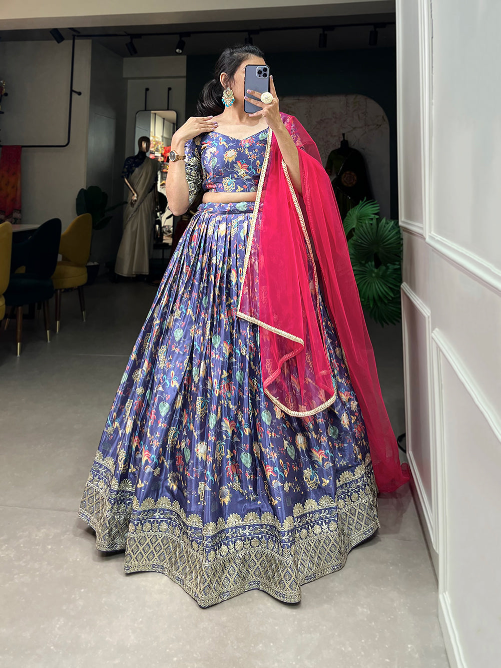 Lorenvalley Lavender Chinon Digital Print with Embroidery Sequins Work Lehenga Choli with Dupatta | Swadesiicart