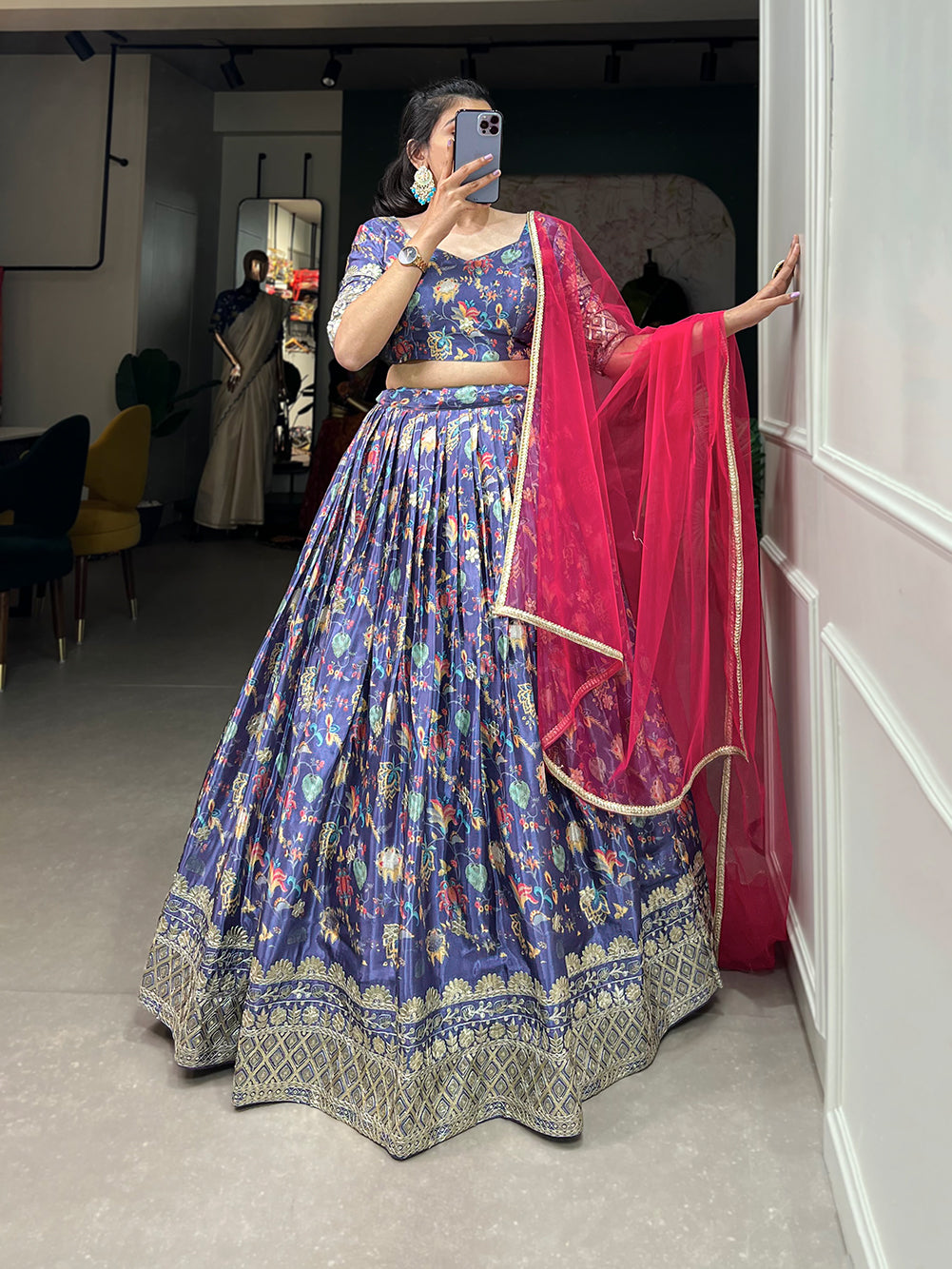 Lorenvalley Lavender Chinon Digital Print with Embroidery Sequins Work Lehenga Choli with Dupatta | Swadesiicart