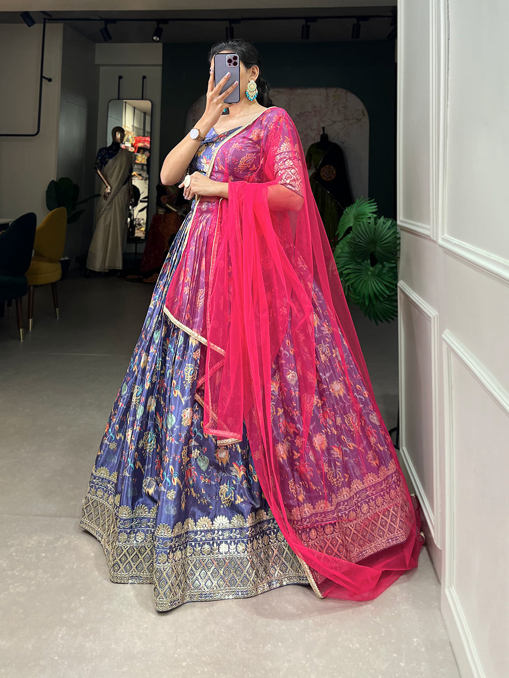 Lorenvalley Lavender Chinon Digital Print with Embroidery Sequins Work Lehenga Choli with Dupatta | Swadesiicart