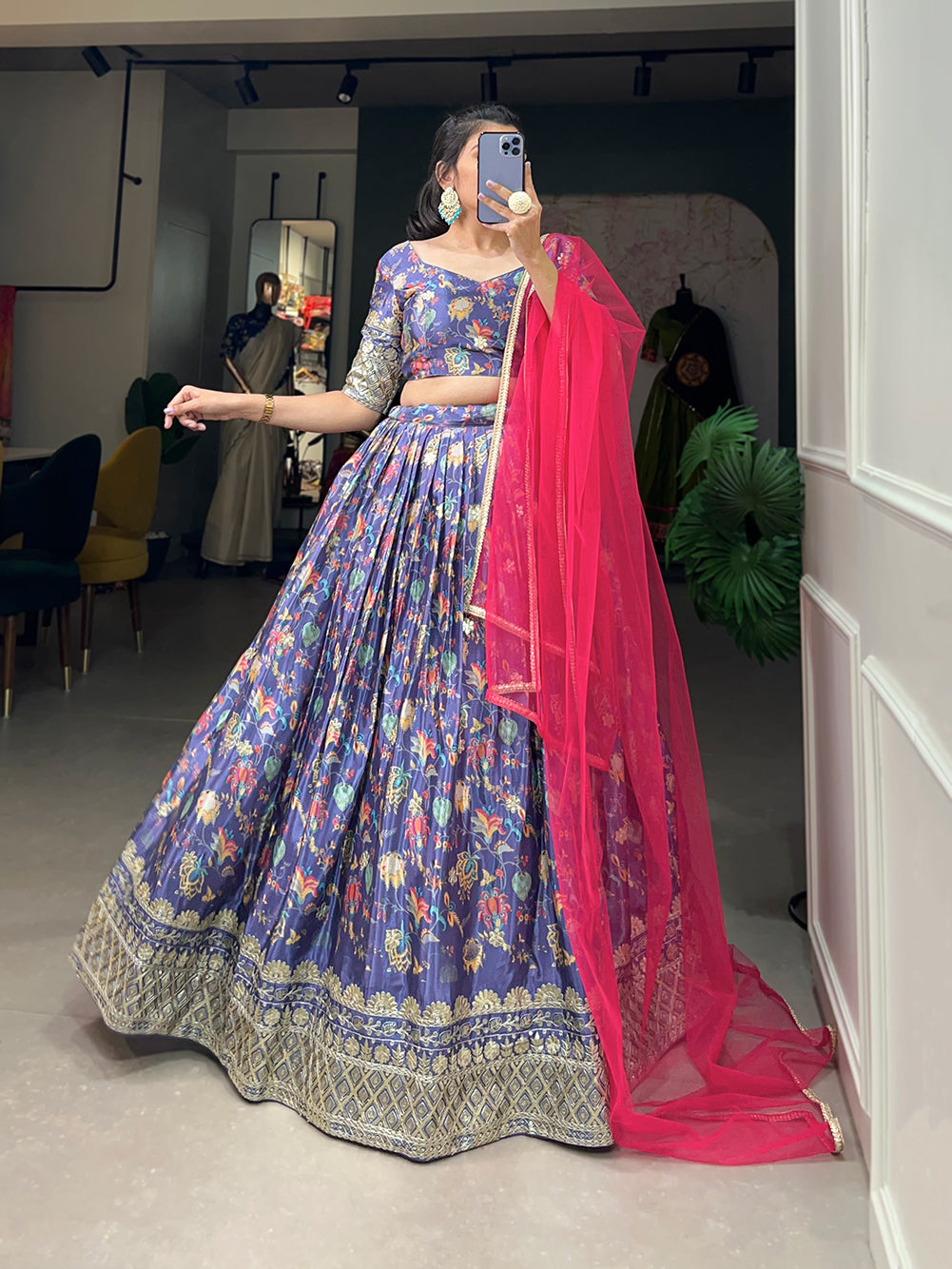 Lorenvalley Lavender Chinon Digital Print with Embroidery Sequins Work Lehenga Choli with Dupatta | Swadesiicart