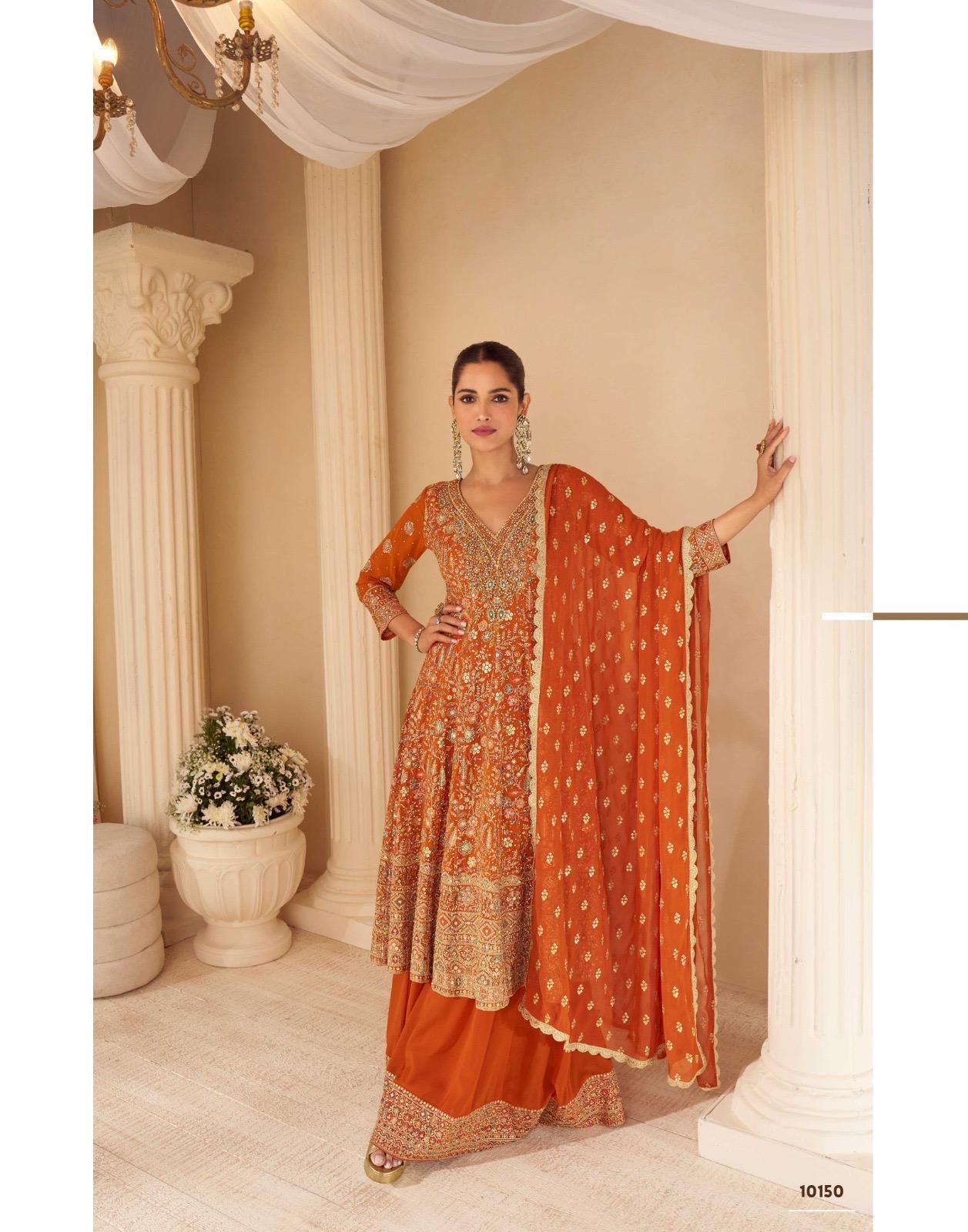 Anaita Orange Real Georgette Stitched Suit With Sequence & Diamond Work