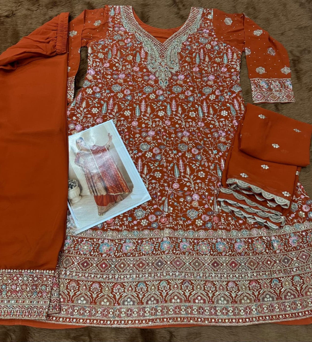 Anaita Orange Real Georgette Stitched Suit With Sequence & Diamond Work